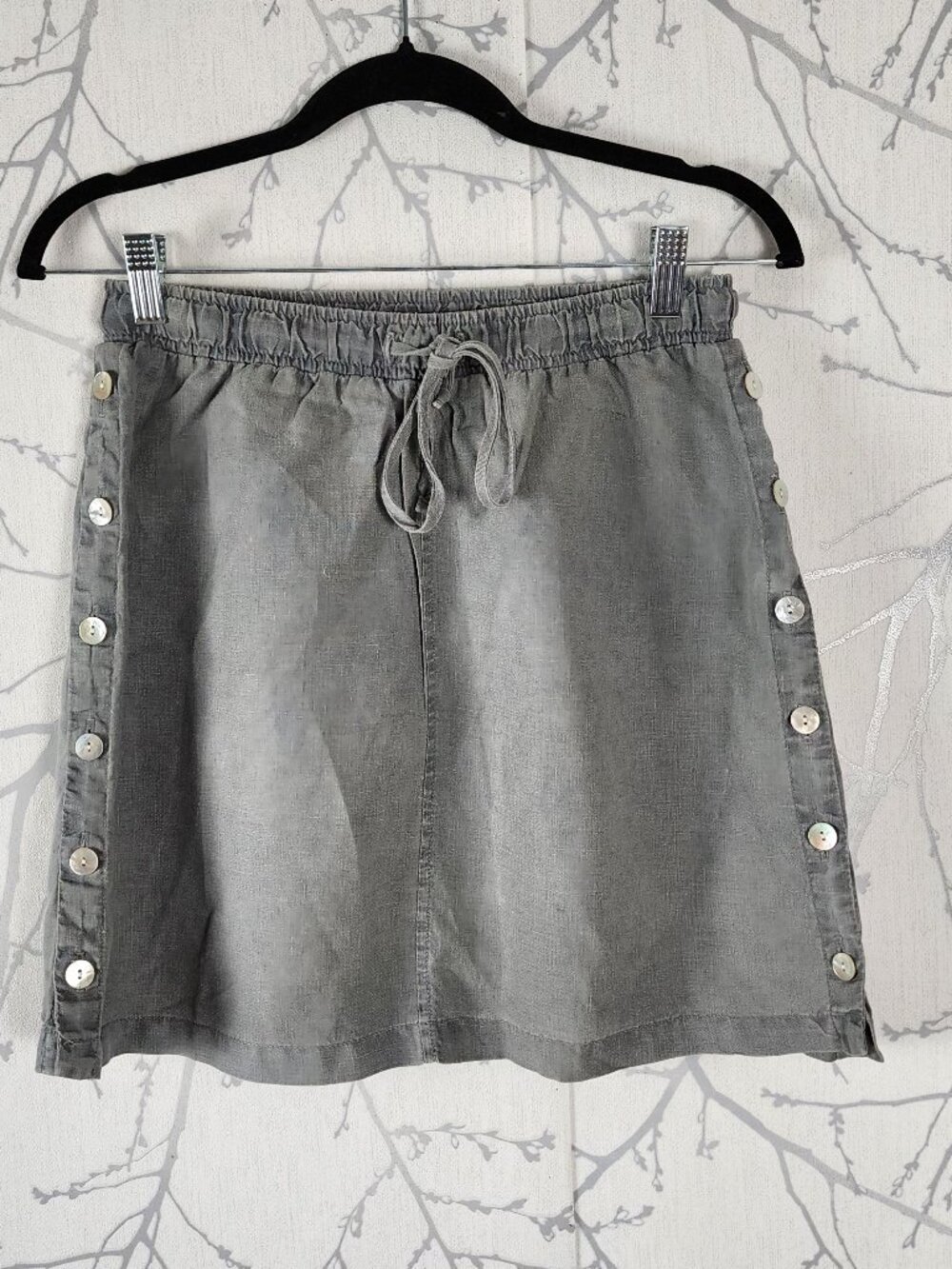 Bella Dahl Gray 100% Linen Button Side Drawstring Mini Skirt